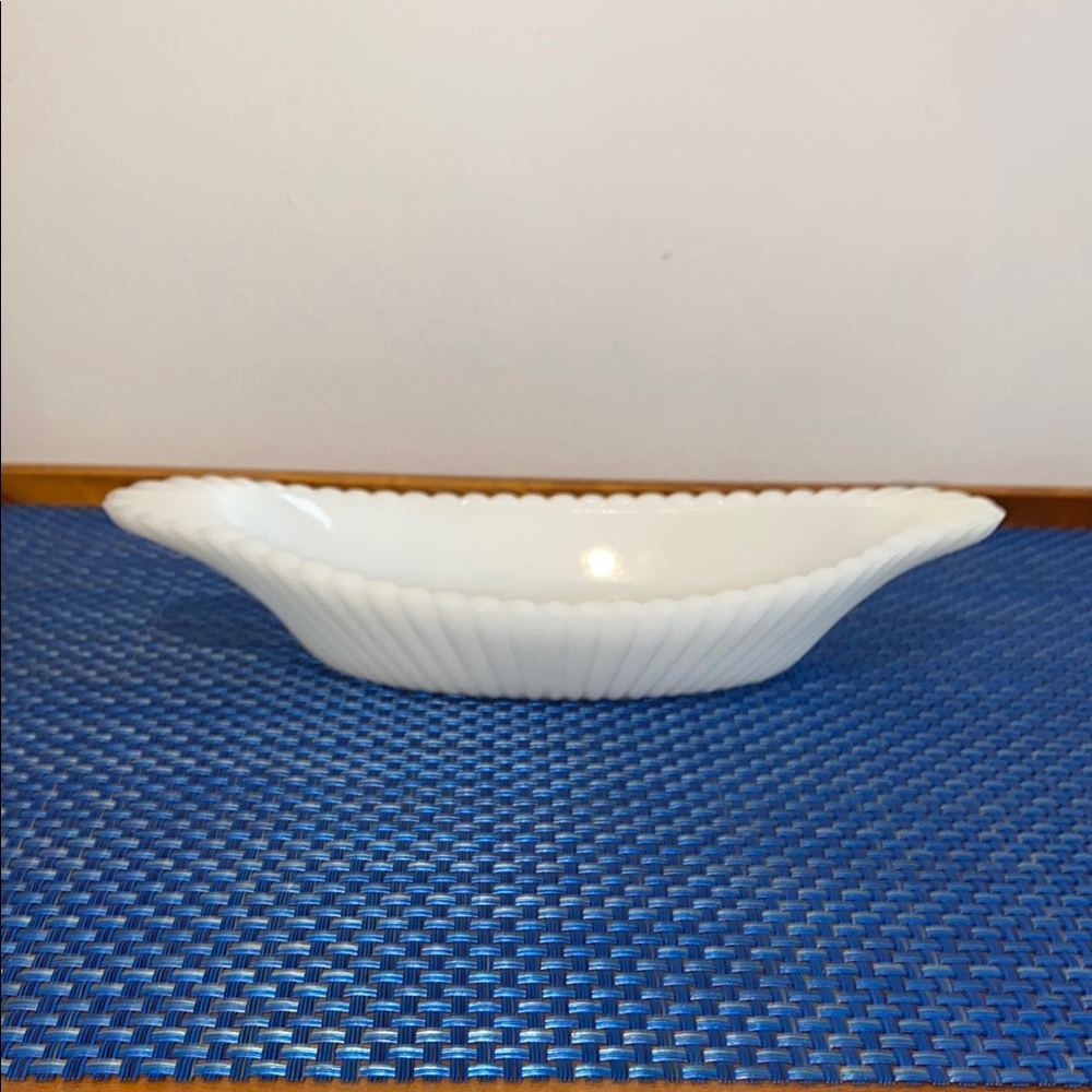 Vintage Fenton Milk Glass Trinket Dish, Scalloped Edges & Top, Hobnail Bottom.
